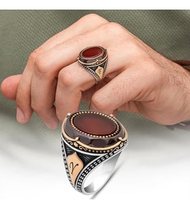 Oval Akik Taşlı Harfli 925 Gümüş Yüzük Erkek