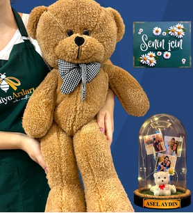Sizlere Özel 3 Fotoğraflı, İsimli Işıklı Fanus ve Büyük Boy Kahve Peluş Ayıcık - Kişiselleştirilmiş Set (Model 3)