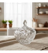 Lora Kristal Desen Kapaklı Parlak Cam Şekerlik 14x12 cm (Şeffaf)