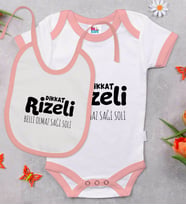 BK Kids Dikkat Rizeli Tasarımlı Pembe Bebek Body Zıbın ve Mama Önlüğü Hediye Seti-1