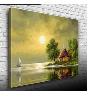 Dolunay ve Göl kenarındaki Ev Yağlıboya Kanvas Tablo 50 x 70