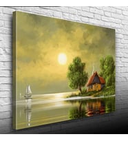 Dolunay ve Göl kenarındaki Ev Yağlıboya Kanvas Tablo 50 x 70