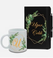 Kişiye Özel Siyah Ajanda Defter & Beyaz Kupa & Roller Kalem Hediye Seti