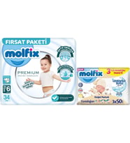 Molfix Premium Bebek Bezi Beden:6 (15+KG) Extra Large 34 Adet Fırsat Pk + 3 Adet Islak Mendil