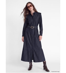 LCW Modest İndigo Beli Kemerli Fırfırlı Jean Gömlek Elbise