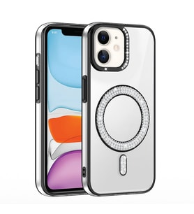 Apple iPhone 12 Uyumlu Kılıf Pırlanta Taş Tasarımlı M-safe Şarj Özellikli Zore Karetta Silikon Kapak (Siyah)