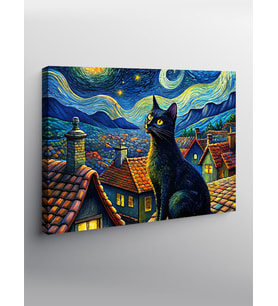 Kanvas Tablo Van Gogh Tarzı Siyah Kedi Ve Retro Evler