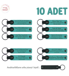 Yaratıcılık Atölyesi Mezunlarına Özel, 10'lu Set, İsim Yazılı Deri Anahtarlık, Koyu Turkuaz & Siyah