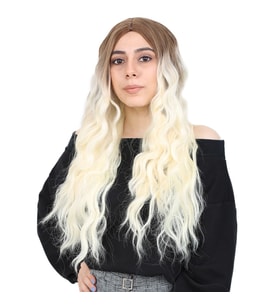 Su Dalgası Uzun Perçemsiz Fiber Sen Peruk / Kumral / Platin Ombreli