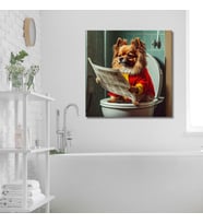 Tekli Kare Kanvas Banyo Tablosu Gazete Okuyan Formalı Pekinez
