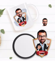 BK Gift Kişiye Özel Erkek Karikatürlü Beyaz Kupa ve Ahşap Bardak Altlığı Hediye Seti-50