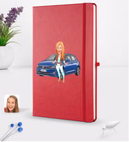 BK Gift Kişiye Özel Plakalı Kadın Volkswagen Polo Karikatürlü Kırmızı Termo Deri Defter 16x24cm Model 1