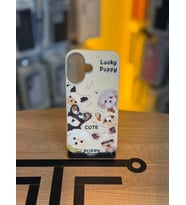 iPhone 16 Uyumlu Özel Tasarım Sevimli Figürlü Deri Dokulu Telefon Kılıfı (Krem)
