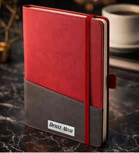BK Gift Kişiye Özel Kırmızı Termo Deri Defter -18, Kartvizit Bölmeli, Çizgili Ivory Kağıt