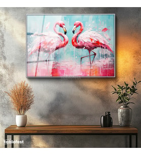 Gümüş Renk Metal Çerçeveli Tamperli Cam Tablo Yağlı Boya Dokulu Sanatsal Flamingo Tablosu Duvar Dekoru