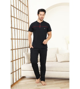 Erkek Pijama Takımı -%100 Pamuk -3 Düğmeli-Yaka Roba Biyeli 12608 ENİSENA (Siyah)