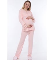 Luvmabelly MYRA9512 - Dantelli Düğmeli Flaplı Hamile Pijama Takımı - Pembe
