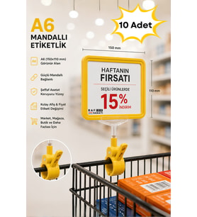 10 Adet - A6 Fiyatlık Mandallı Etiketlik Sepet Raf Askılık Fiyat Etiketi Çerçeveli Market Mağaza Sarı