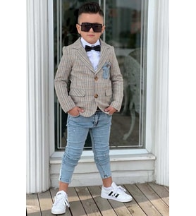 Erkek Çocuk Çizgili Blazer Ceket Kot Pantolon Sarı Alt Üst Takım (Gri)