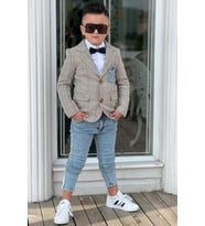 Erkek Çocuk Çizgili Blazer Ceket Kot Pantolon Sarı Alt Üst Takım (Gri)