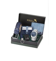 Polo Air Mercek Takvimli Erkek Kol Saati Cüzdan Kemer Kartlık Anahtarlık Çakmaklı Set Gümüş Lacivert Renk PL-7088E2