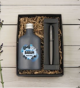 BK Gift Kişiye Özel İsimli Baba Temalı Antrasit Tasarım Cam Şişede Kolonya 200 ml ve Metal Roller Kalem ve Hediye Kutusu-9, Babaya Hediye, Babalar Günü Hediyeleri, Hediyelik Baskılı Kolonya