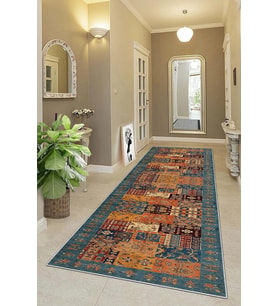 Kırkyama Patchwork Kilim Desenli Etnik Dijital Baskı Yıkanabilir Modern Salon Halı ve Yolluk, Kahverengi - Mavi 80 x 150, 95555140801507