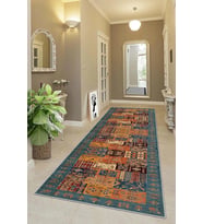 Kırkyama Patchwork Kilim Desenli Etnik Dijital Baskı Yıkanabilir Modern Salon Halı ve Yolluk, Kahverengi - Mavi 80 x 150, 95555140801507
