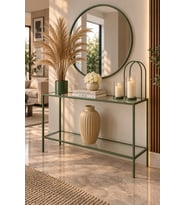 Teknor Şeffaf Camlı Yeşil Metal Konsol 100 cm Modern Salon Dresuar