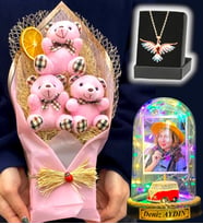 Size Özel Renkli Led Işıklı Fanus, Büyük Boy Ayıcık Buketi ve Renkli Anka Kuşu Kolye (Model 9)