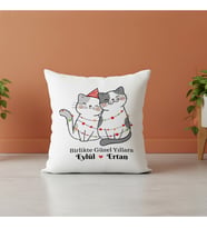 Yılbaşı Kedi Çizimli Kedili İsimli Yastık Kişiye Özel
