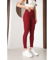 Kadın Bordo Yüksek Bel Toparlayıcı Spor Tayt - Esnek Polyester Spandex Fitness ve Yoga Taytı