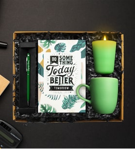 Özel Tasarım Defter & Yeşil Kupa & Yeşil Cam Mum & Kişiye Özel Touch Pen Kalem Hediye Seti