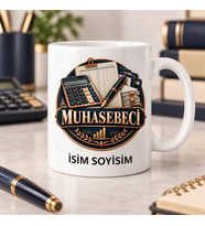 Muhasebeci Kupa Bardak Hesap Makinesi ve Evrak Motifli Tasarım
