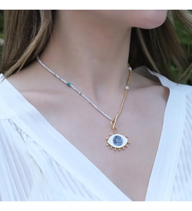 Mine İşli Göz Modeli Gold Kaplama Doğaltaşlı Gümüş Kolye