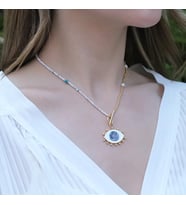 Mine İşli Göz Modeli Gold Kaplama Doğaltaşlı Gümüş Kolye