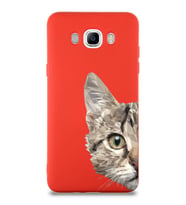 Samsung Galaxy J7 2016 Uyumlu Lansman Kılıf Catface Tasarımlı İçi Kadife Kapak-Kırmızı (Şeffaf)