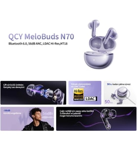 MeloBuds N70 Bluetooth Kulaklık, Hi-Res Audio, LDAC, 50dB Hibrit ANC, Kablosuz Şarj, 50 Saat Pil Ömrü, 6 Mikrofon, Kulakiçi, Mor
