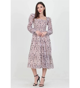 Neşeli butik kadın bej desenli kare yaka gipeli şifon elbise NB100361