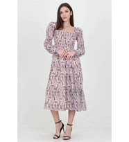 Neşeli butik kadın bej desenli kare yaka gipeli şifon elbise NB100361