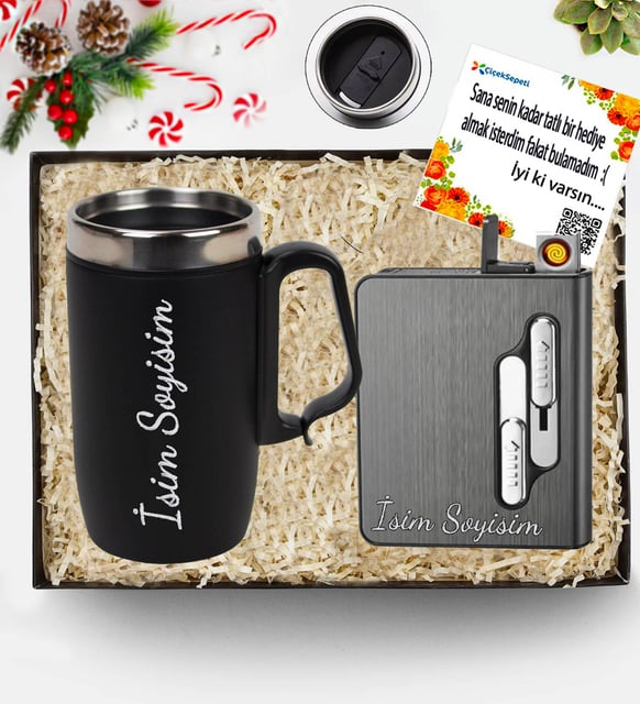Kişiye Özel İsimli Termos Bardak & İsimli Elektirikli Şarjlı Çakmak Tabaka Hediye Seti