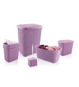 5 Parça Örgü Desenli Plastik Banyo Seti Çamaşır Sepeti Deterjanlık Çöp Kovası Klozet Fırçası - Mor