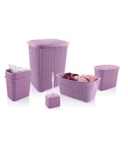 5 Parça Örgü Desenli Plastik Banyo Seti Çamaşır Sepeti Deterjanlık Çöp Kovası Klozet Fırçası - Mor