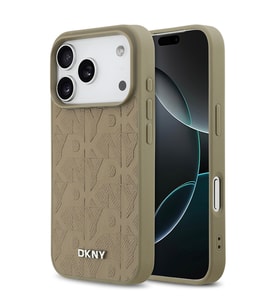 Apple iPhone 17 Pro Uyumlu Kılıf DKNY Orjinal Lisanslı M-safe Şarj Özellikli 3D Yazılı Grid Pattern Kapak (Kahverengi)