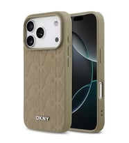 Apple iPhone 17 Pro Uyumlu Kılıf DKNY Orjinal Lisanslı M-safe Şarj Özellikli 3D Yazılı Grid Pattern Kapak (Kahverengi)