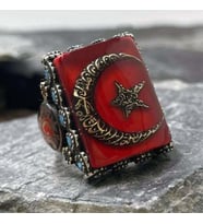 925 Ayar Gümüş Kırmızı Mineli Ayyıldız İşlemeli Kelime-i Tevhid Erkek Yüzük