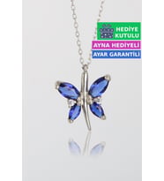 Jewelmim Mavi Gümüş Kelebek Kolye Beyaz Altın Kaplama Bayan Kelebekli 925 Ayar Kadın Gümüş Kelebek Kolyesi (Beyaz)