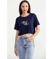 Oversize Baskılı Crop Tişört - Lacivert