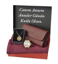 Anneler Günü Bordo Kol Saati- Cüzdan-Penye Şal-Çelik Kolye Hediye Seti