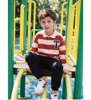 LCW Kids Kırmızı Polo Yaka Çizgili Nakışlı Erkek Çocuk Tişört